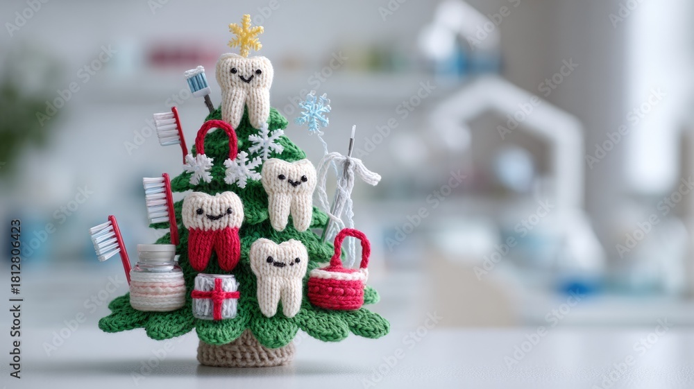 Fototapeta premium Festive crochet christmas tree with tooth and dental ornaments