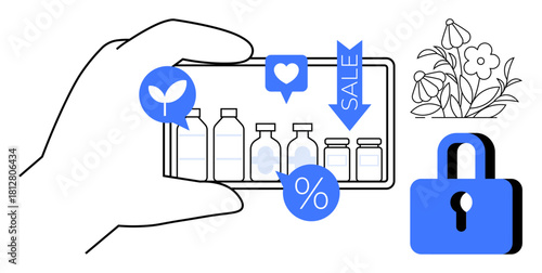 Hand holding a smartphone displaying organic products and sales offers. Includes eco-friendly, secure shopping, nature conservation, digital marketing, e-commerce, health awareness