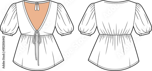 Deep-V tie-front blouse fashion flat, technical garment sketch with puff sleeves and gathered waist shaping, apparel sewing pattern illustration
