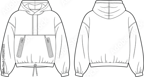 Utility zip-pocket hoodie fashion flat, technical garment sketch with drawstring hem and relaxed fit silhouette, apparel sewing pattern illustration