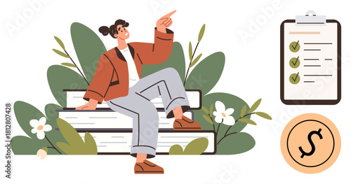 Young individual seated on stacked books, gesturing forward, surrounded by plants, with a checklist and currency icon nearby. Ideal for education, planning, growth, goals, budgeting strategy future