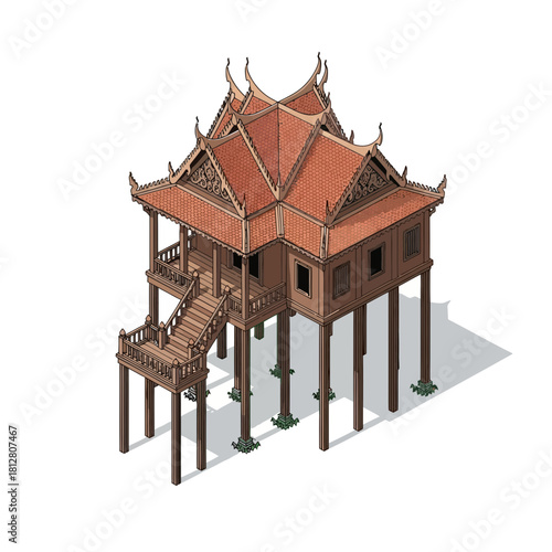 Detailed isometric illustration of traditional Southeast Asian stilt house