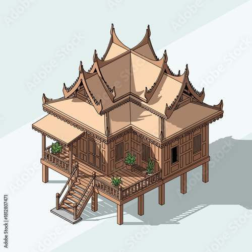 Detailed isometric illustration of traditional stilt house architecture