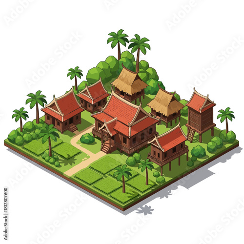 Isometric depiction of a traditional Thai village amidst lush greenery landscape