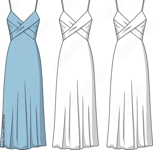 Spaghetti-strap maxi dress fashion flat, technical garment sketch with crossover bodice and flowing skirt design, elegant apparel sewing pattern illustration