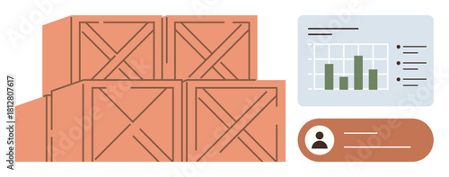 Stacked wooden crates beside a performance chart and profile icon. Ideal for logistics, inventory, supply chain, data tracking, warehouse organization, business analytics, and shipping concepts