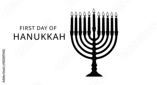 A black and white illustration depicting a menorah and text for the first day of Hanukkah