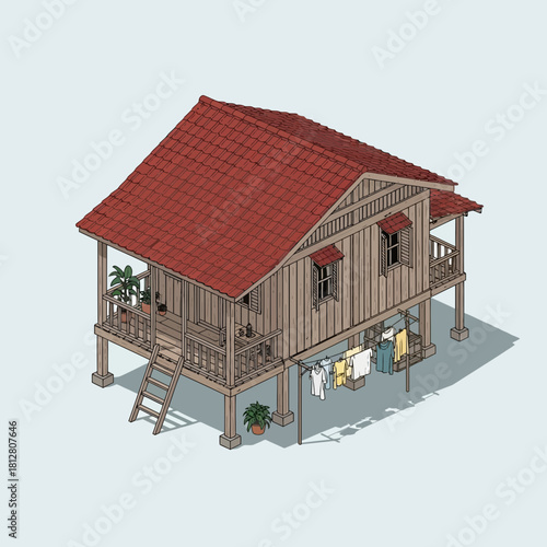 Isometric illustration of a traditional stilt house with red tiled roof