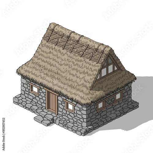 Isometric illustration of a stone house with a thatched roof depiction