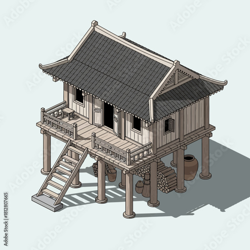 Isometric illustration of a traditional stilt house with tiled roof and wood