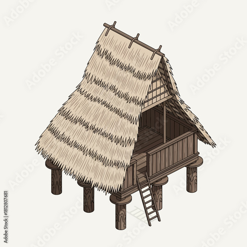 Isometric Illustration of a Traditional Stilt House with Thatched Roof