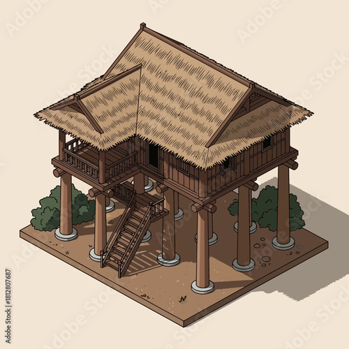 Isometric illustration of a traditional house on stilts with straw roof