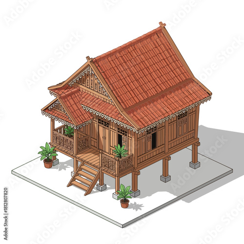 Isometric Illustration of Traditional Malay House on White Isolated Background