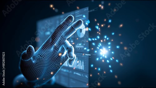 A collage of futuristic AI interface images showing digital data, holographic screens, and human hands interacting with virtual technology in a cyber-inspired environment.