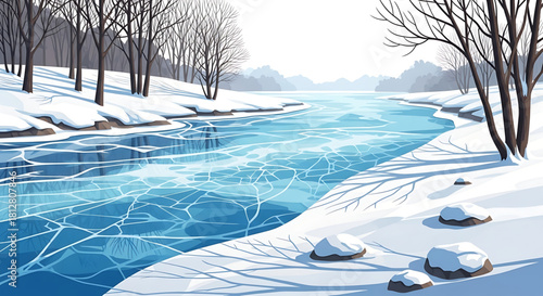 Crisp winter landscape: Frozen river with bare trees and fresh snow.