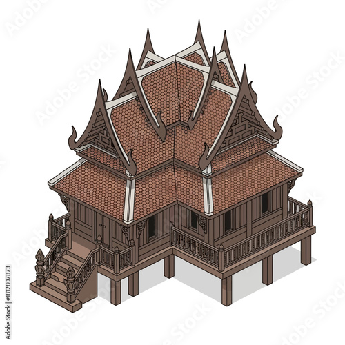Isometric illustration of traditional Thai house with intricate design