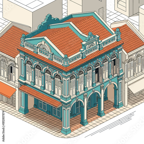 Isometric Illustration of Peranakan Shophouses with Intricate Architectural Details