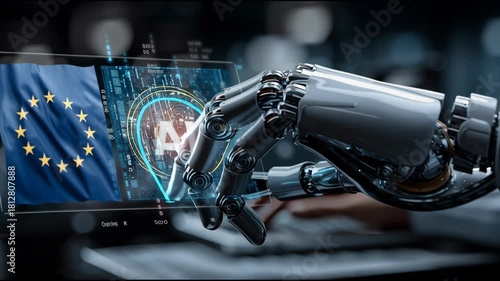 A collage of futuristic AI interface images showing digital data, holographic screens, and human hands interacting with virtual technology in a cyber-inspired environment.