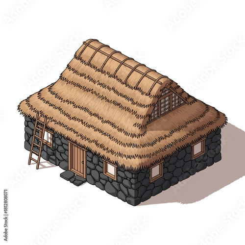 Isometric thatched cottage with ladder and stone foundation vector image