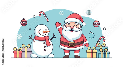 Holiday cheer scene with Santa Claus, snowman, presents, and Christmas decorations, ideal for festive greetings