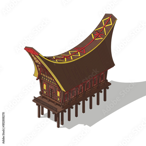 Stylized illustration of a traditional Indonesian Tongkonan house on stilts