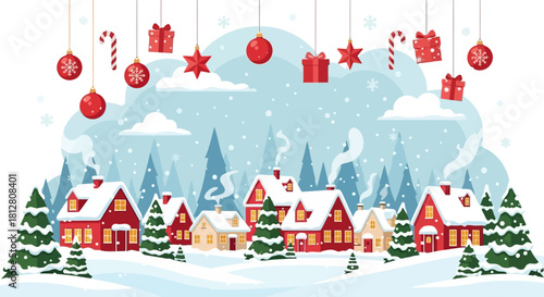 Enchanting Christmas Village Scene with Decorations in Winter Wonderland