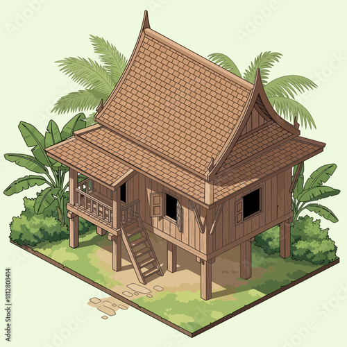 Traditional Thai wooden house on stilts with tropical foliage around it
