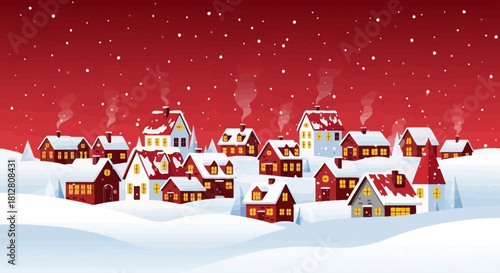 Festive Winter Village Scene with Snow-Covered Houses and Red Sky