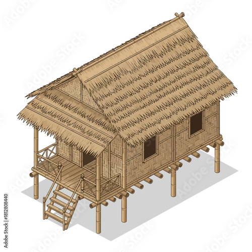 Traditional thatched roof bamboo stilt house, architecture illustration