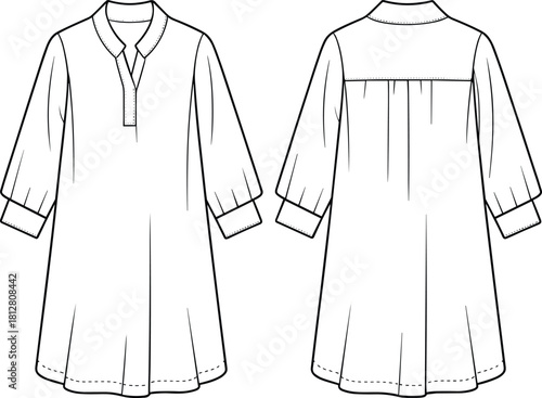 Loose long-sleeve tunic dress fashion flat, technical garment sketch with cuffed sleeves and front placket, apparel sewing pattern illustration