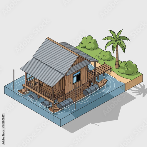 Tropical Floating House Illustration with Island Details and Water Scenery