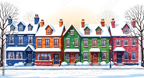 Festive Row of Colourful Houses in Winter Snow Landscape