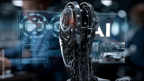 A collage of futuristic AI interface images showing digital data, holographic screens, and human hands interacting with virtual technology in a cyber-inspired environment.