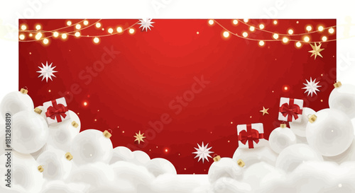 Festive Red Holiday Backdrop with Baubles, Presents and Garland