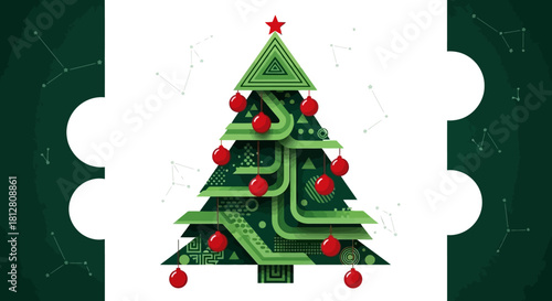Festive Holiday Season Geometric Christmas Tree with Constellations Background