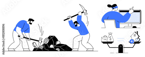 Cryptocurrency mining. Workers extract cryptocurrency blocks with tools, mining operations. Cryptocurrency financial balance with investment, mining, and digital currencies. For fintech, blockchain