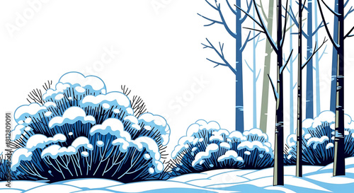 Snowy winter landscape with trees and bushes illustration, clean vector