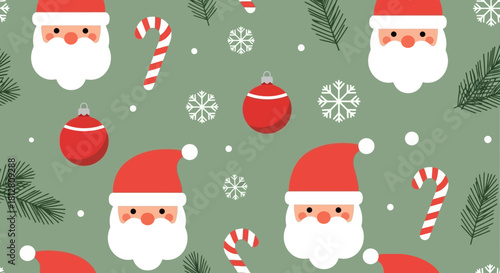 Festive Christmas pattern featuring Santa Claus faces, candy canes, ornaments, and snowflakes on a green background.