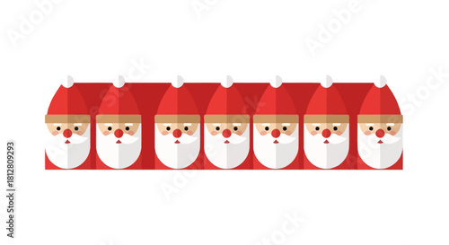 A row of seven identical cartoon Santa Claus faces with red hats and white beards, set against a white background.