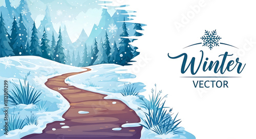 Winter landscape illustration with snowy path and evergreen trees backdrop