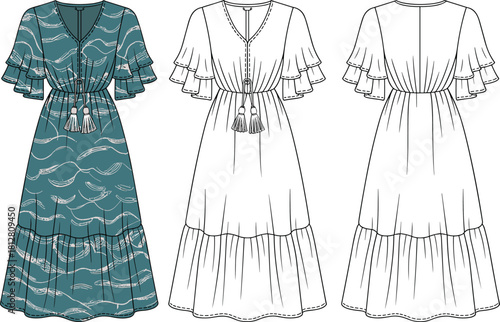 Boho ruffle-sleeve tiered maxi dress fashion flat, technical garment sketch with tassel tie detail, sewing pattern vector illustration