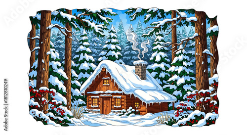 Snowy cabin nestled within a winter forest wonderland scene.