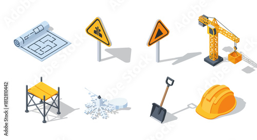 Isometric construction elements: blueprints, signs, crane, helmet, and tools