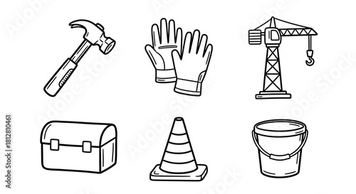 Construction tools and equipment set with hammer, gloves, crane, toolbox, cone, and bucket