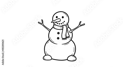 Cheerful snowman drawing with scarf and carrot nose on white background