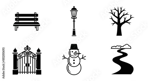 Silhouette icons: park bench, lantern, tree, gate, snowman, path in black and white