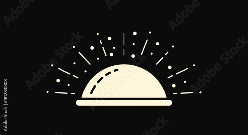 Minimalist sunrise graphic with rays and dots on black background