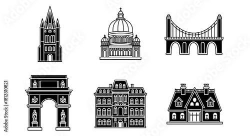 Iconic landmark icons set in monochrome style featuring global architectural highlights