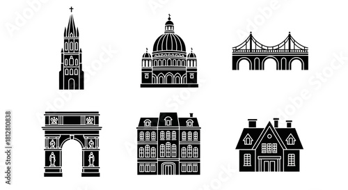 Collection of iconic european landmark silhouettes