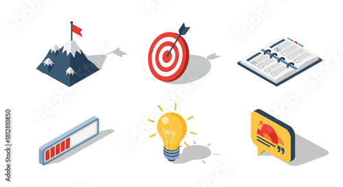 Isometric icons for achievement and strategy: target, mountain, planner, and more